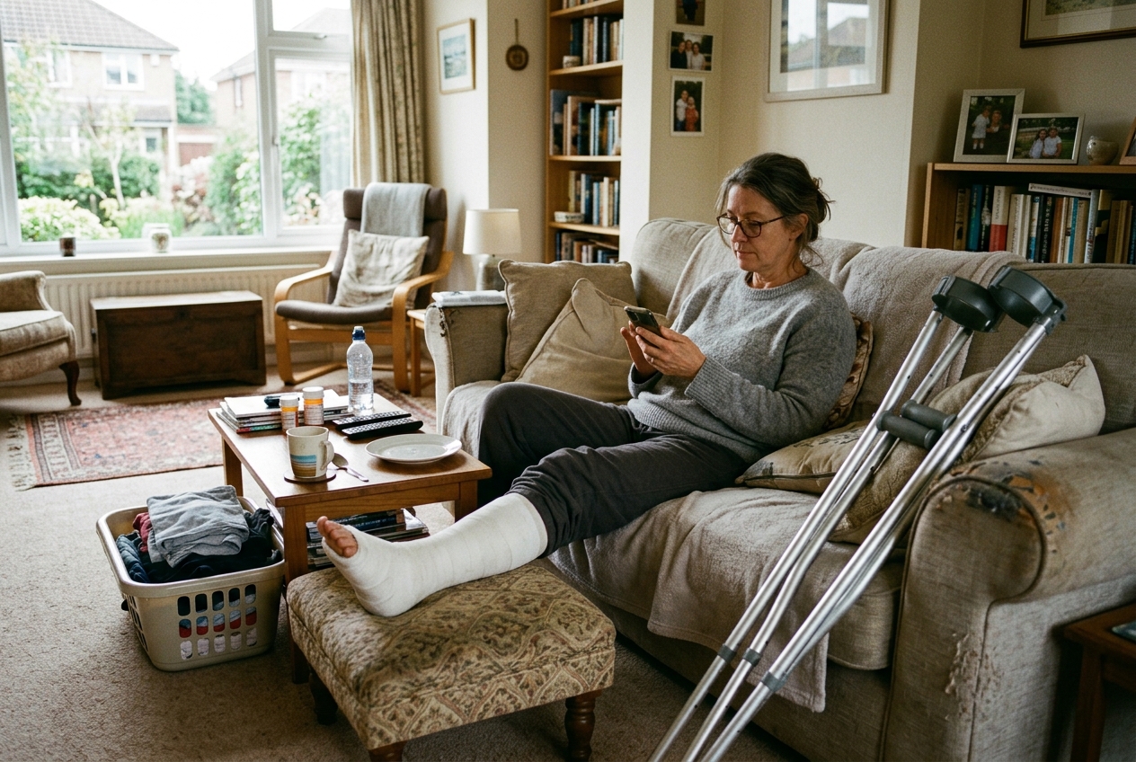 A woman with her leg in a cast on the sofa arranging help with the housework