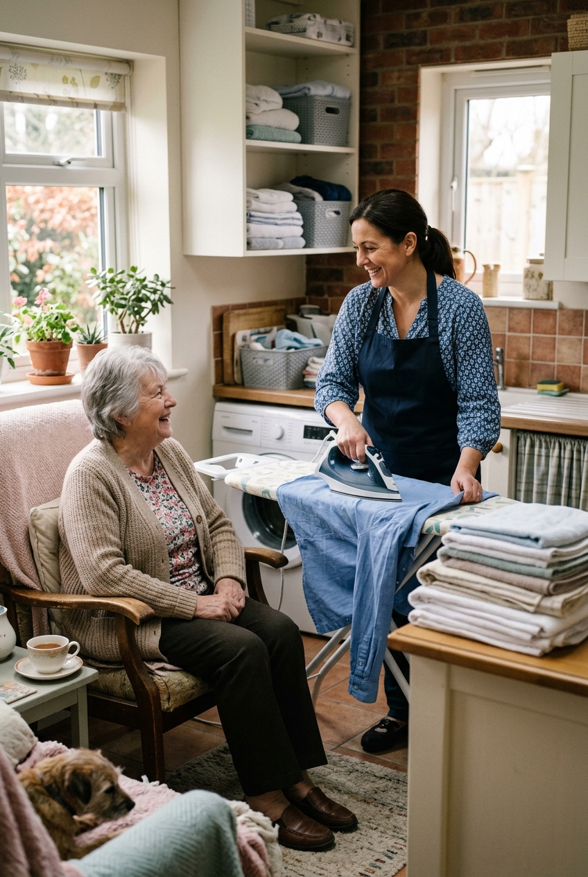 A friendly helper ironing while an older woman chats with her at home