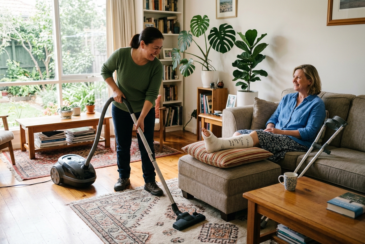 A helper vacuuming the living room while a woman recovering with her leg in a cast rests on the sofa