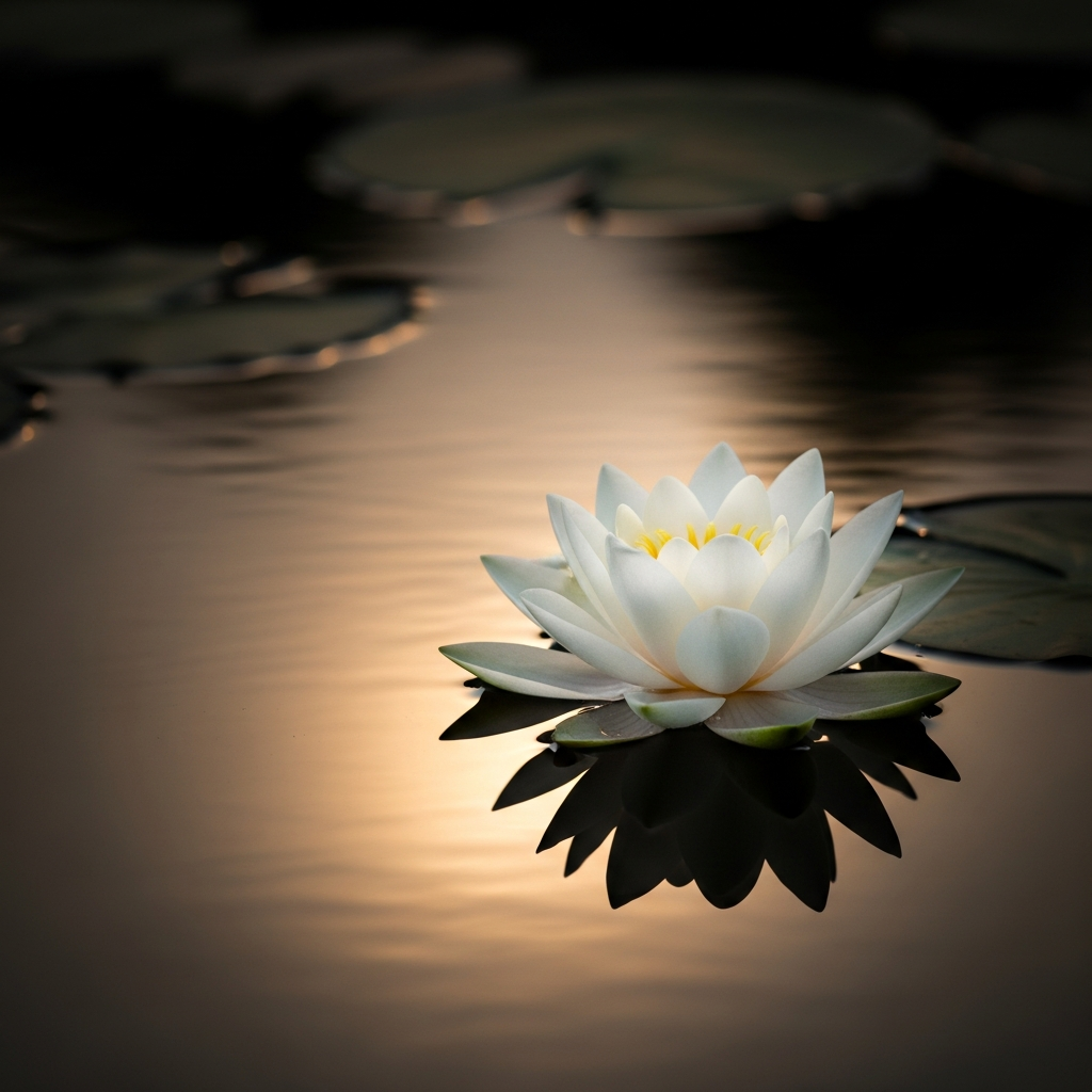 A pristine white lotus resting on still water
