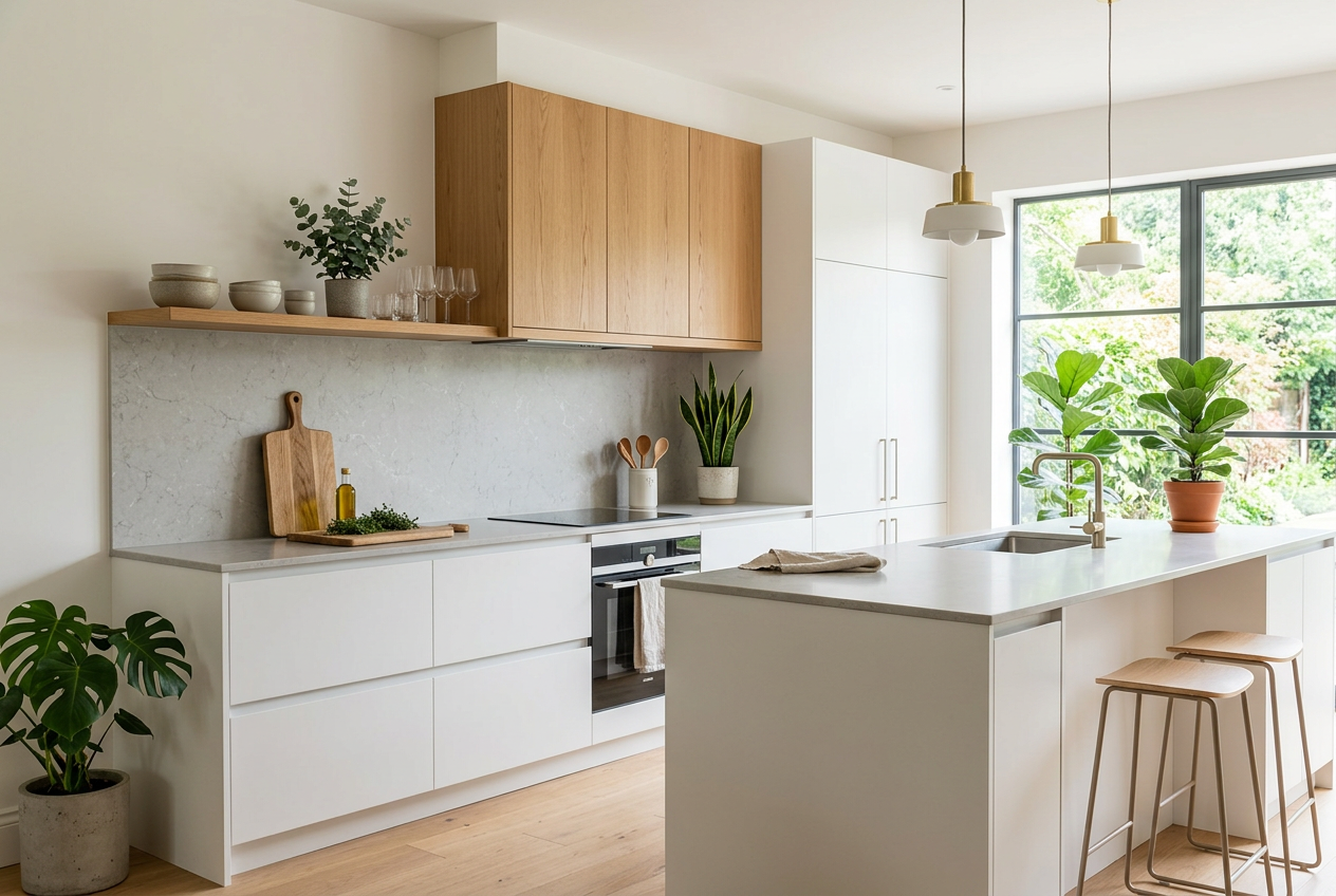 Design bucătărie modernă albă cu detalii din stejar și blat din piatră — amenajare bucătărie Cluj