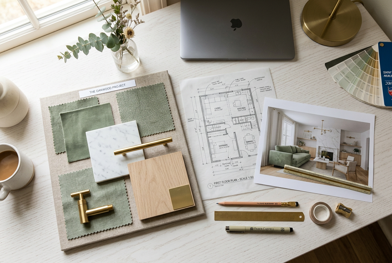 Moodboard design interior cu mostre de stejar, marmură albă și textile verde salvie — proiect design interior