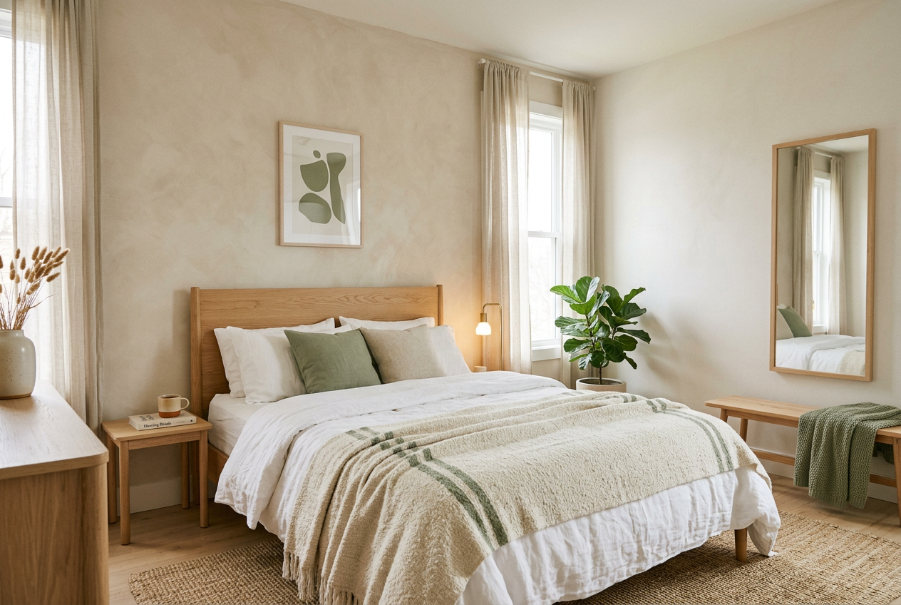 Amenajare dormitor minimalist cu tonuri calde, lenjerie din in și tăblie din lemn — design dormitor Brașov