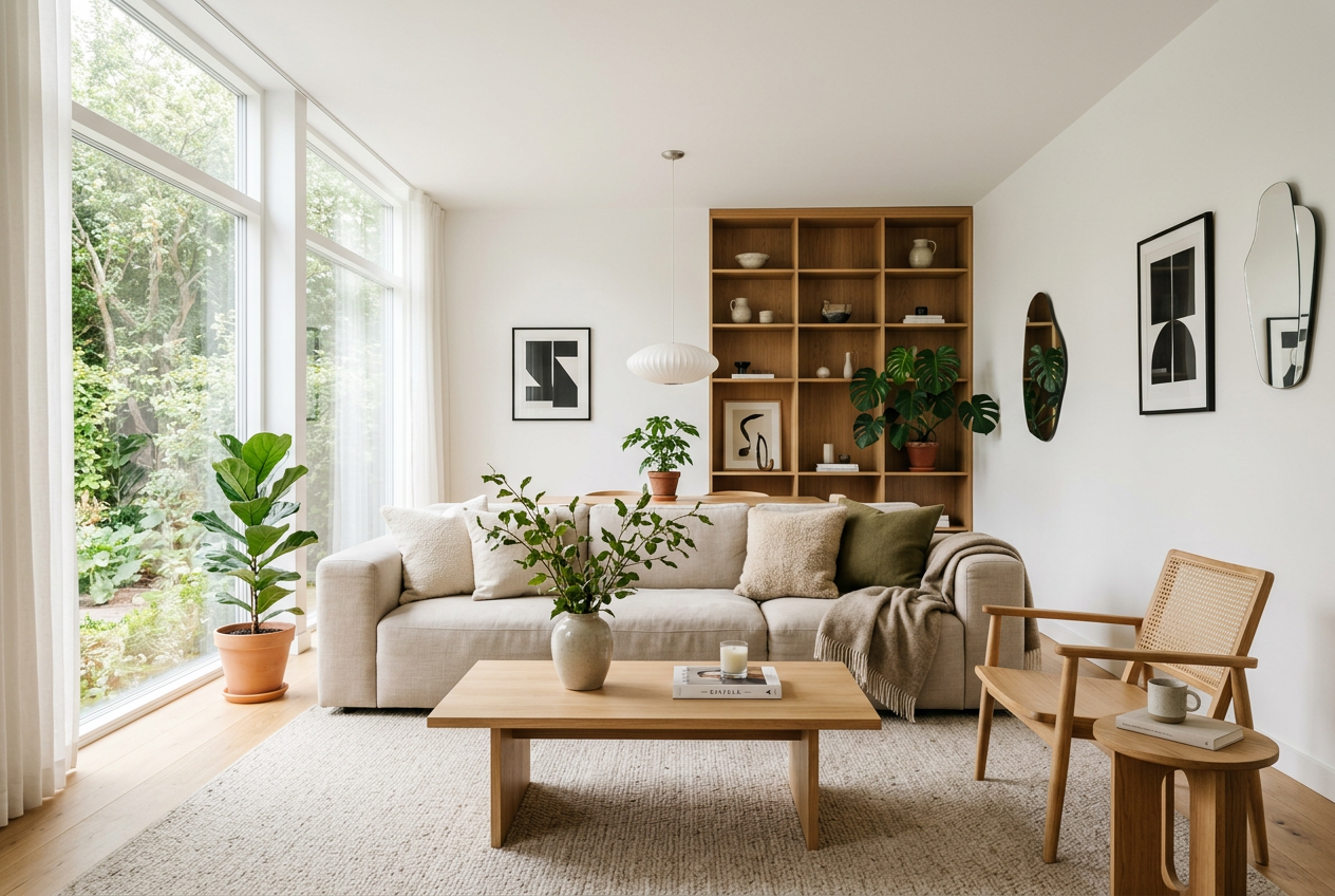 Living premium cu lemn natur și tonuri calde — Interior Intelligence by PropManage, design interior România