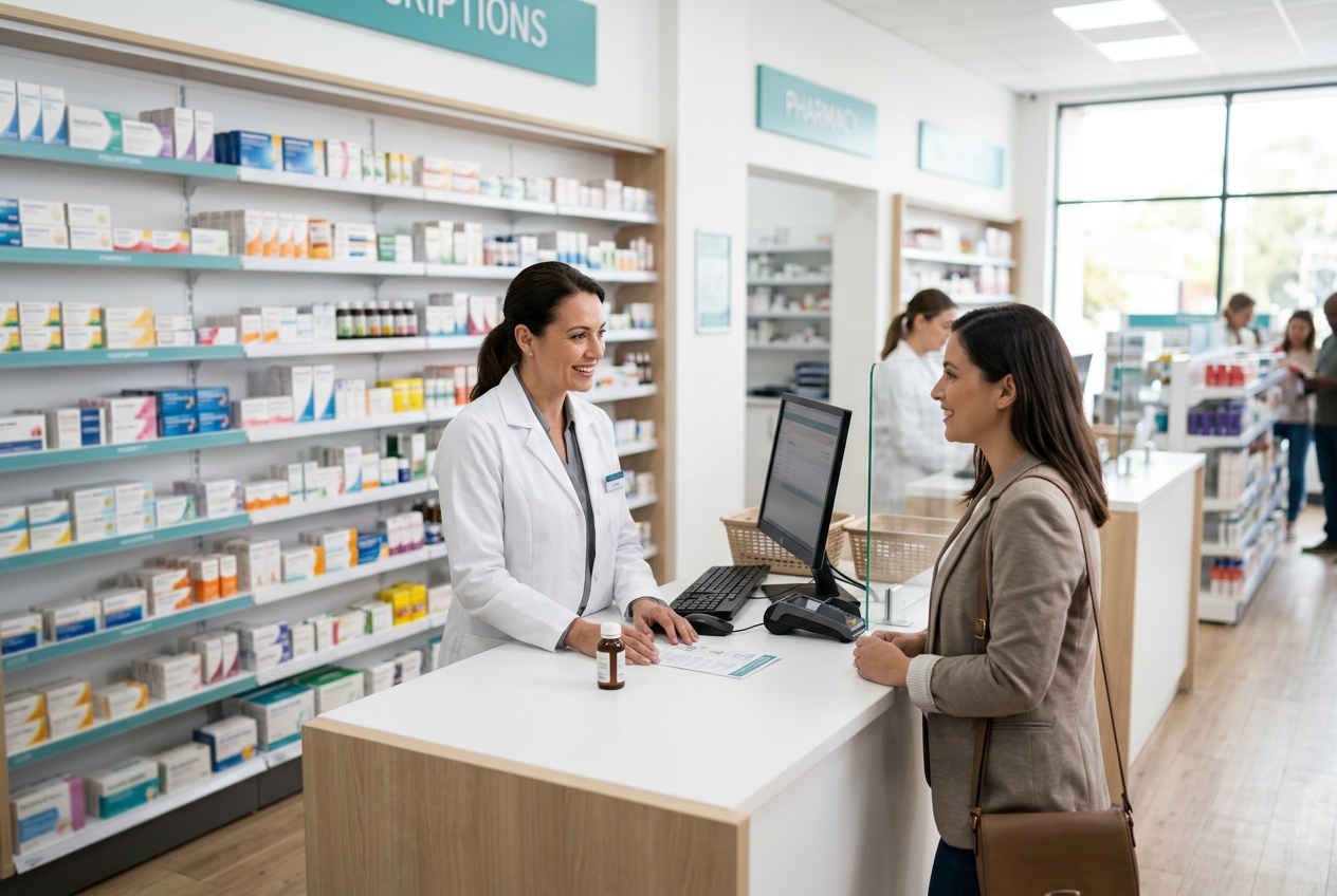 Pharmacy counter with pharmacist assisting a customer