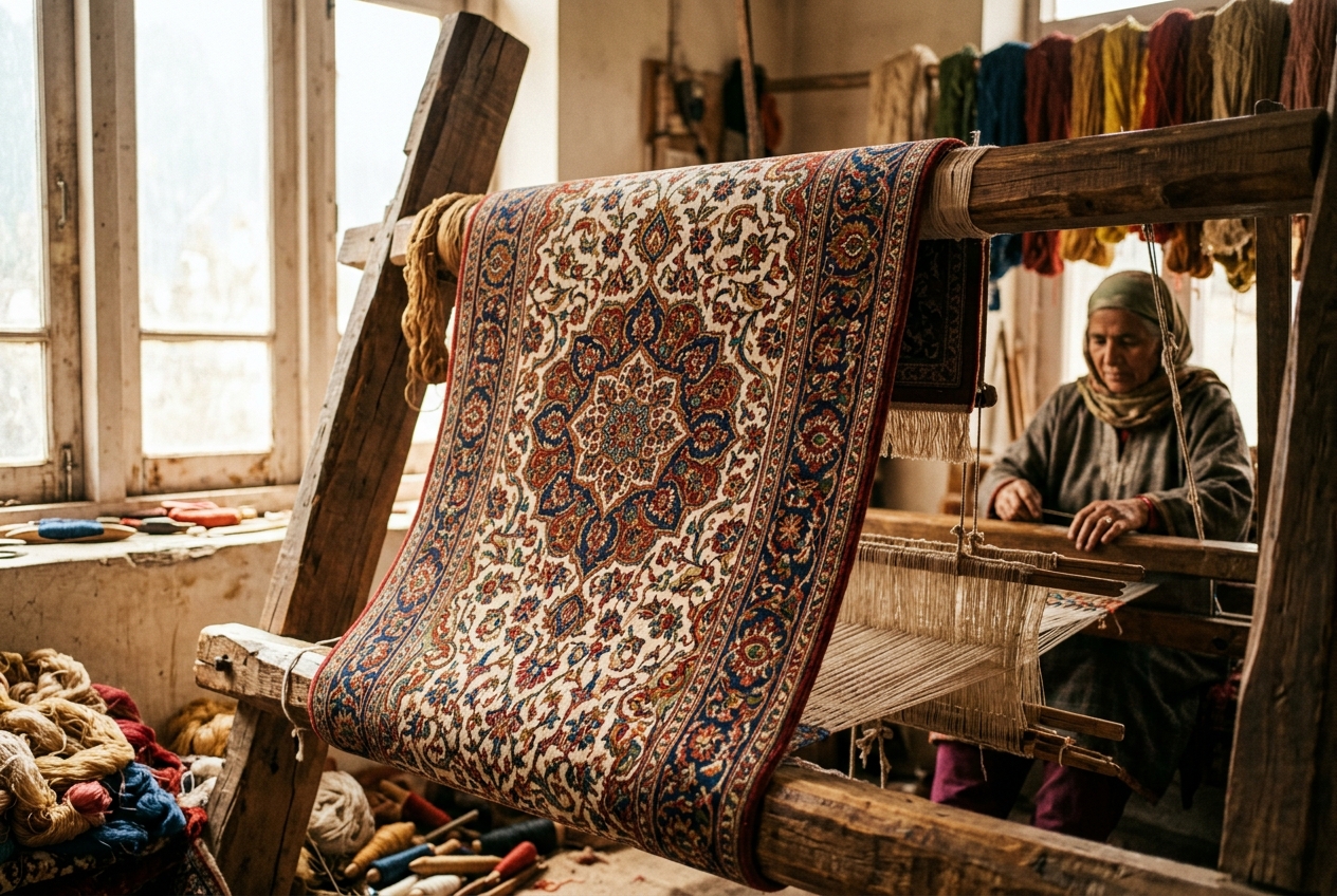 Hand-knotted Kashmiri silk carpet on a loom