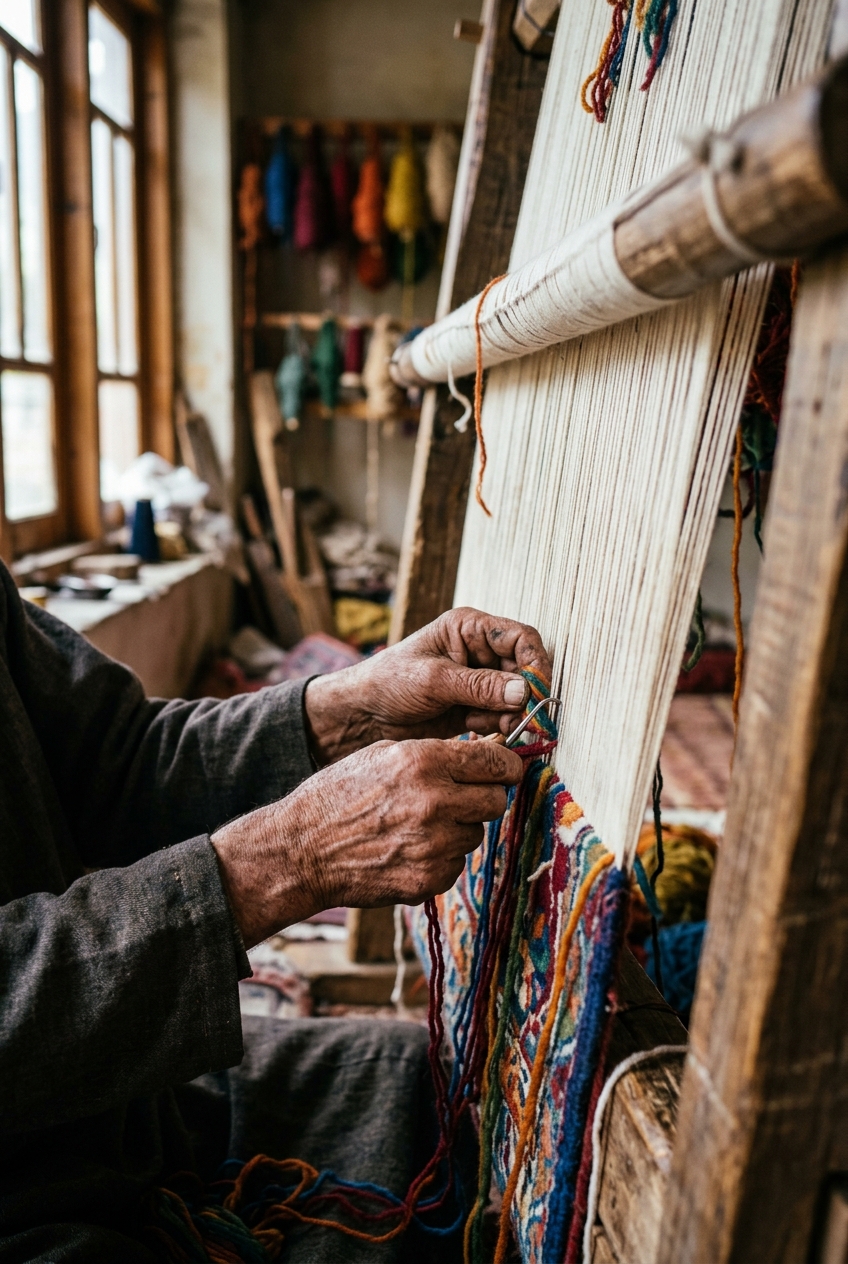 Artisan tying knots on a carpet loom