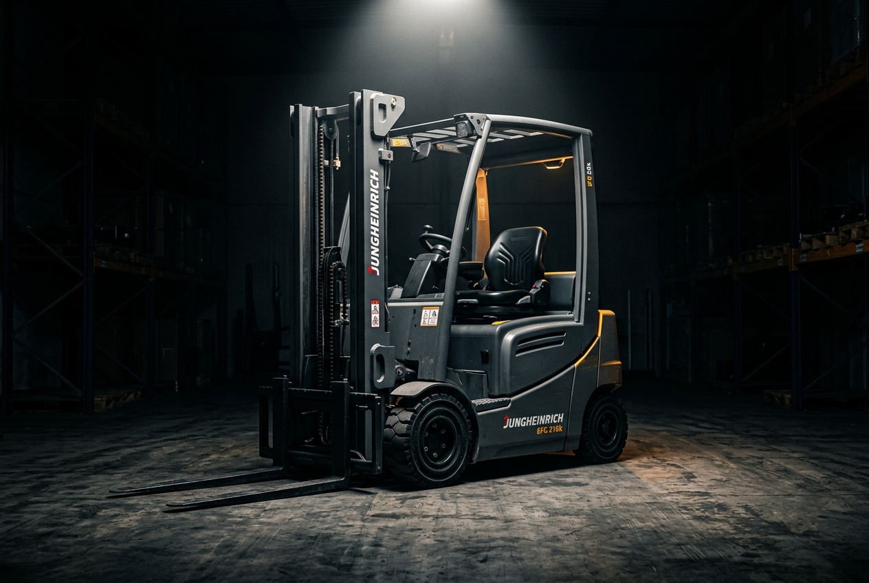 Industrial forklift under spotlight