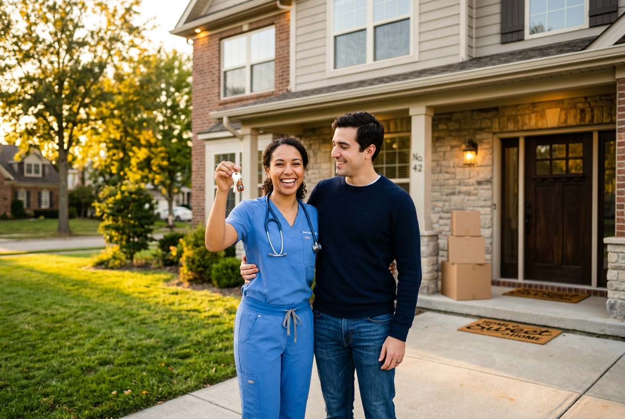 A physician and her husband holding the keys to their new home