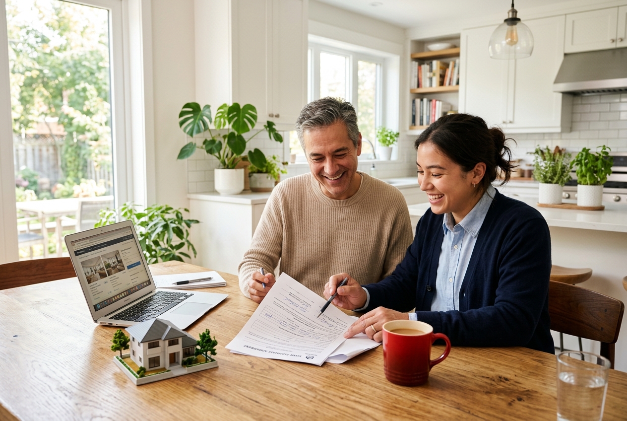 A parent and adult child reviewing a home purchase agreement together at the kitchen table