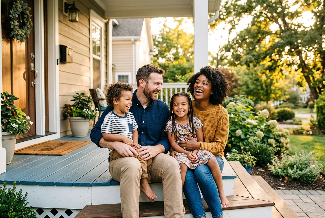 A happy family sitting together on the front porch of their new home
