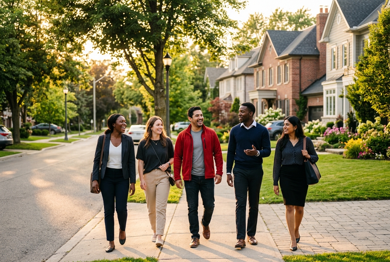 Employees walking together through the neighborhood they now call home
