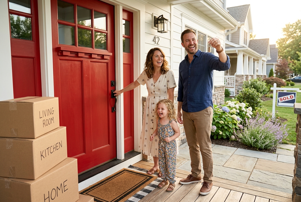 A young family opening the door to their new home