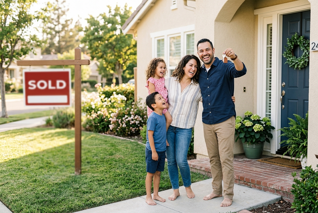 A happy Hispanic family celebrating the purchase of their first home