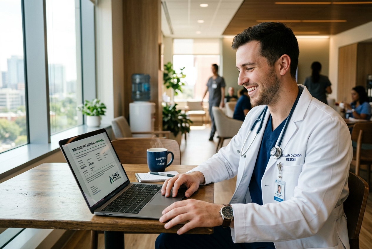 A medical resident reviewing his mortgage pre-approval on a laptop
