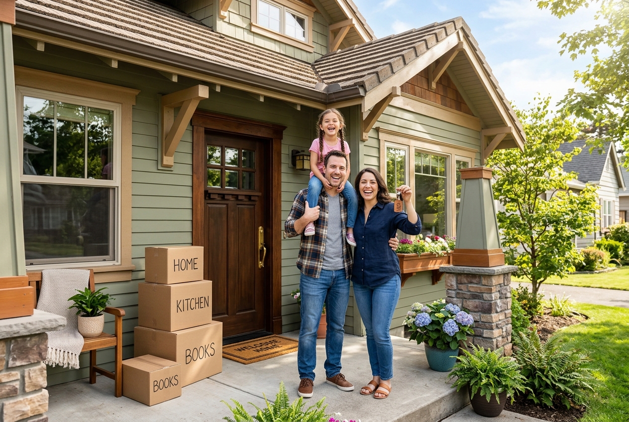 A happy family on the porch of their new home with moving boxes