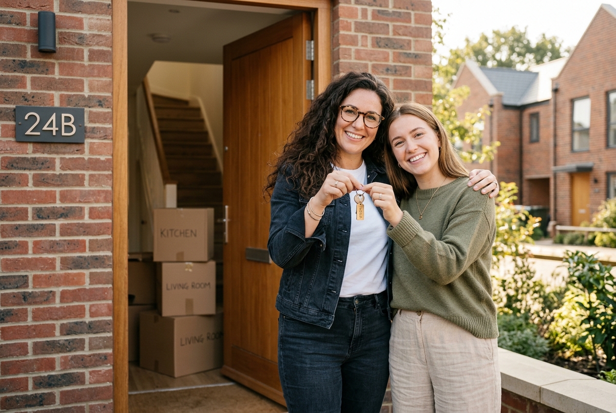 Two sisters holding the keys to the home they bought together with DubbleUpp