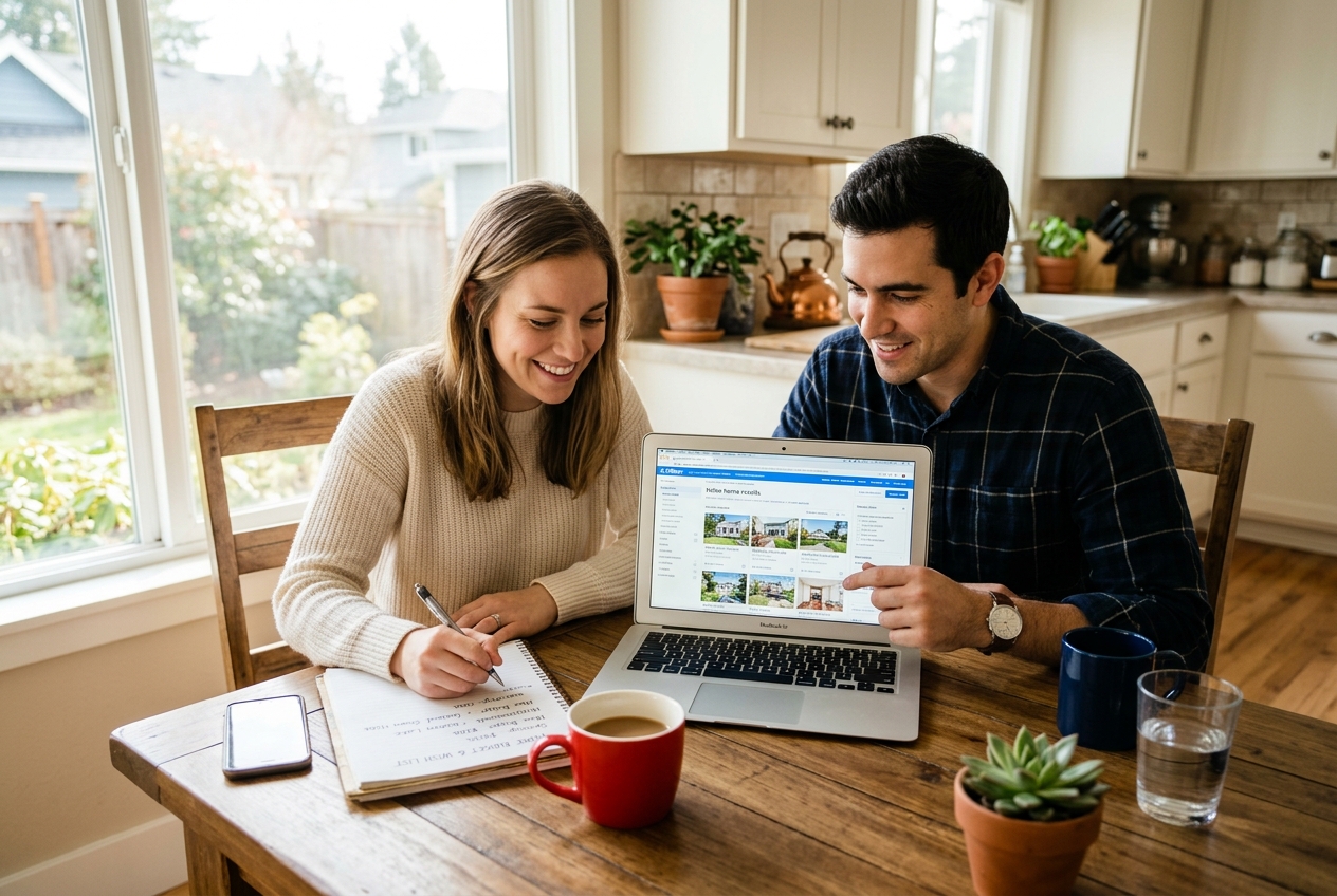 A couple planning their homeownership journey together at the kitchen table