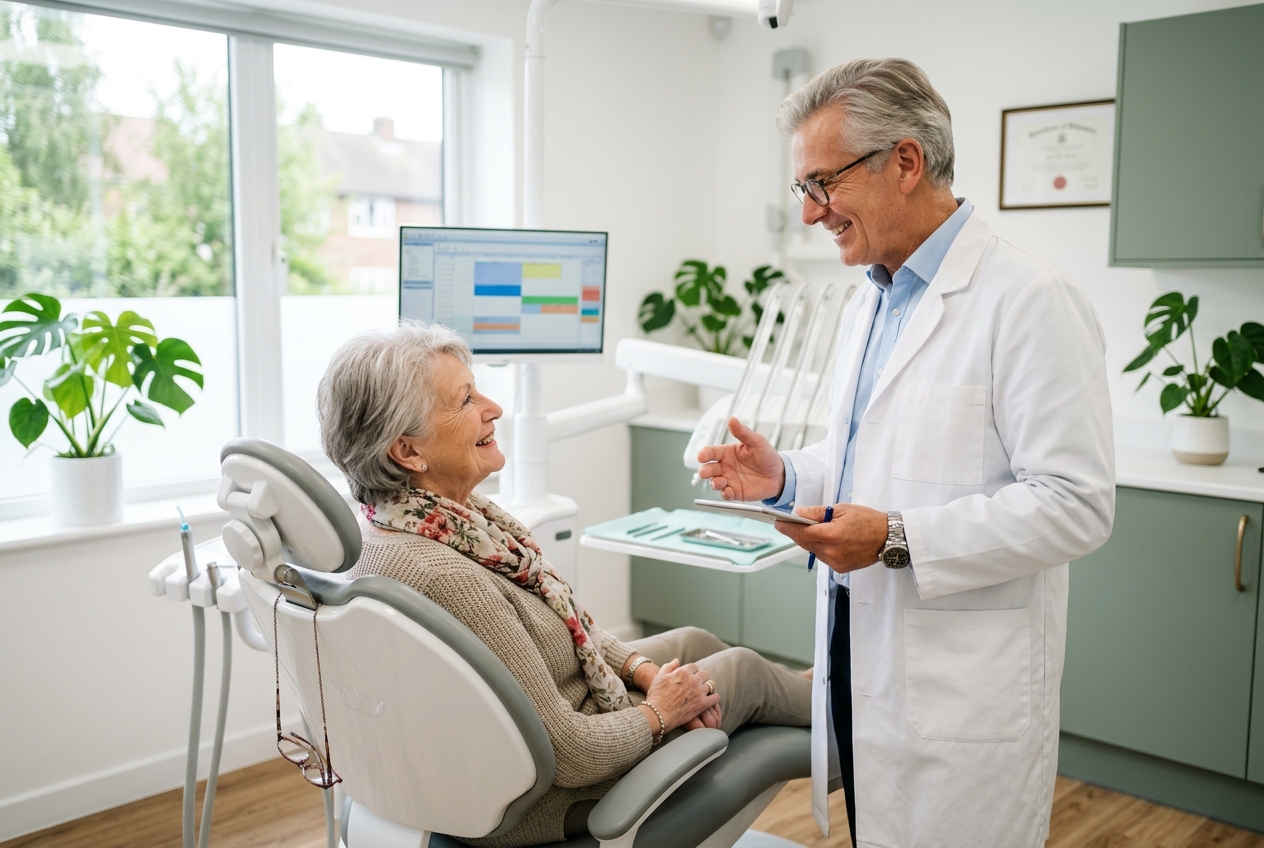 Dentista che parla con la paziente seduta sulla poltrona durante la valutazione iniziale