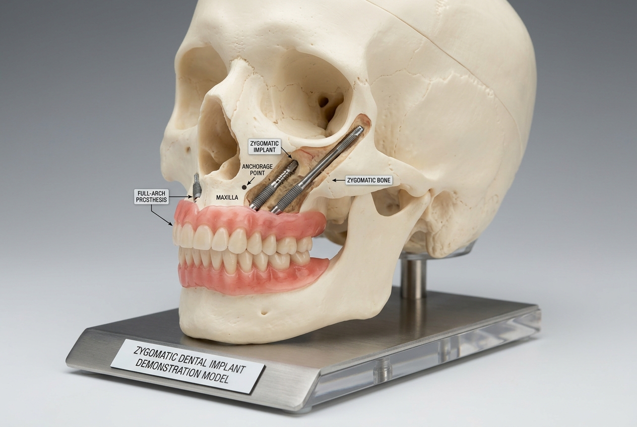 Impianti zigomatici su modello anatomico del cranio