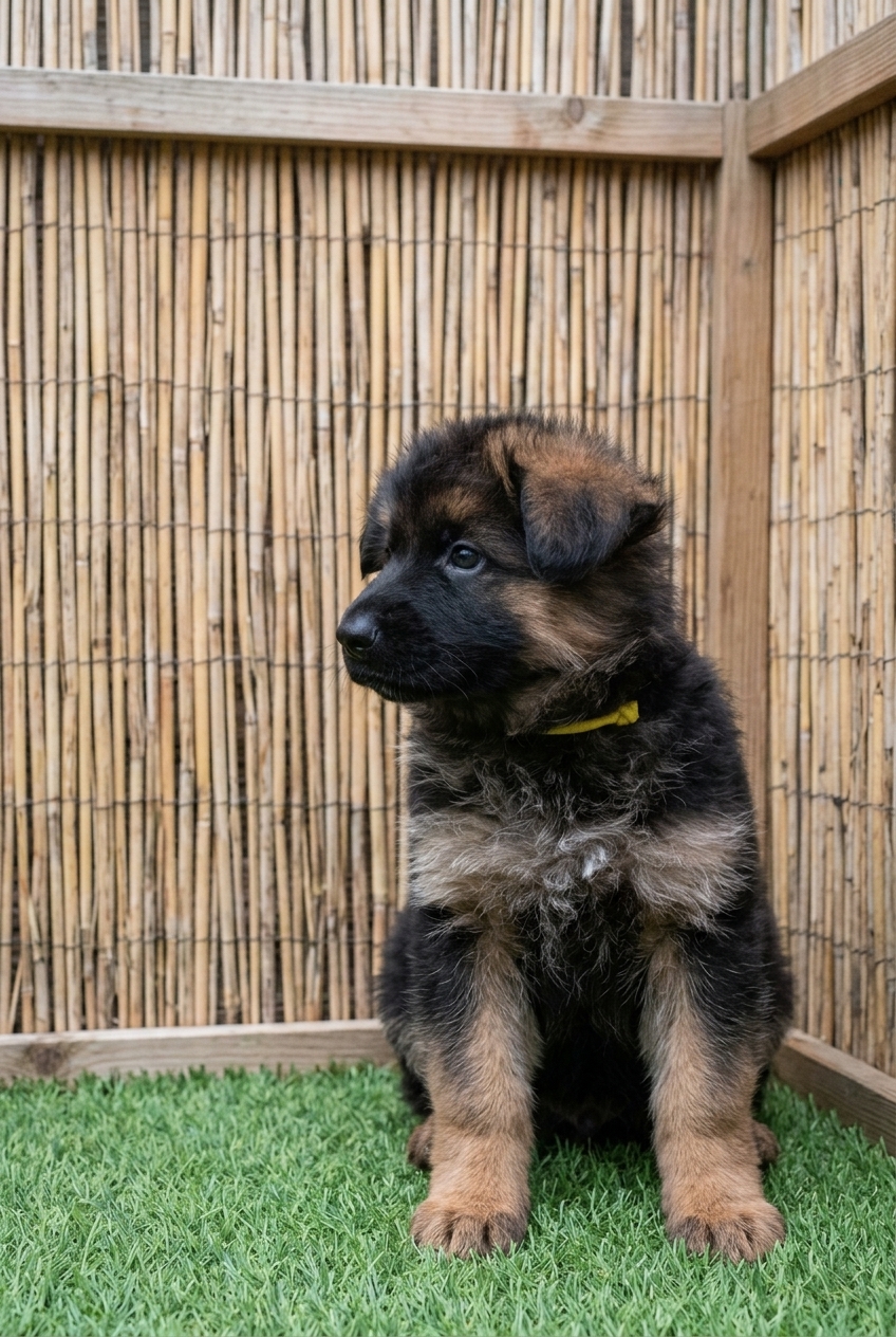 Cachorro de Pastor Alemán con collar en el recinto del criadero