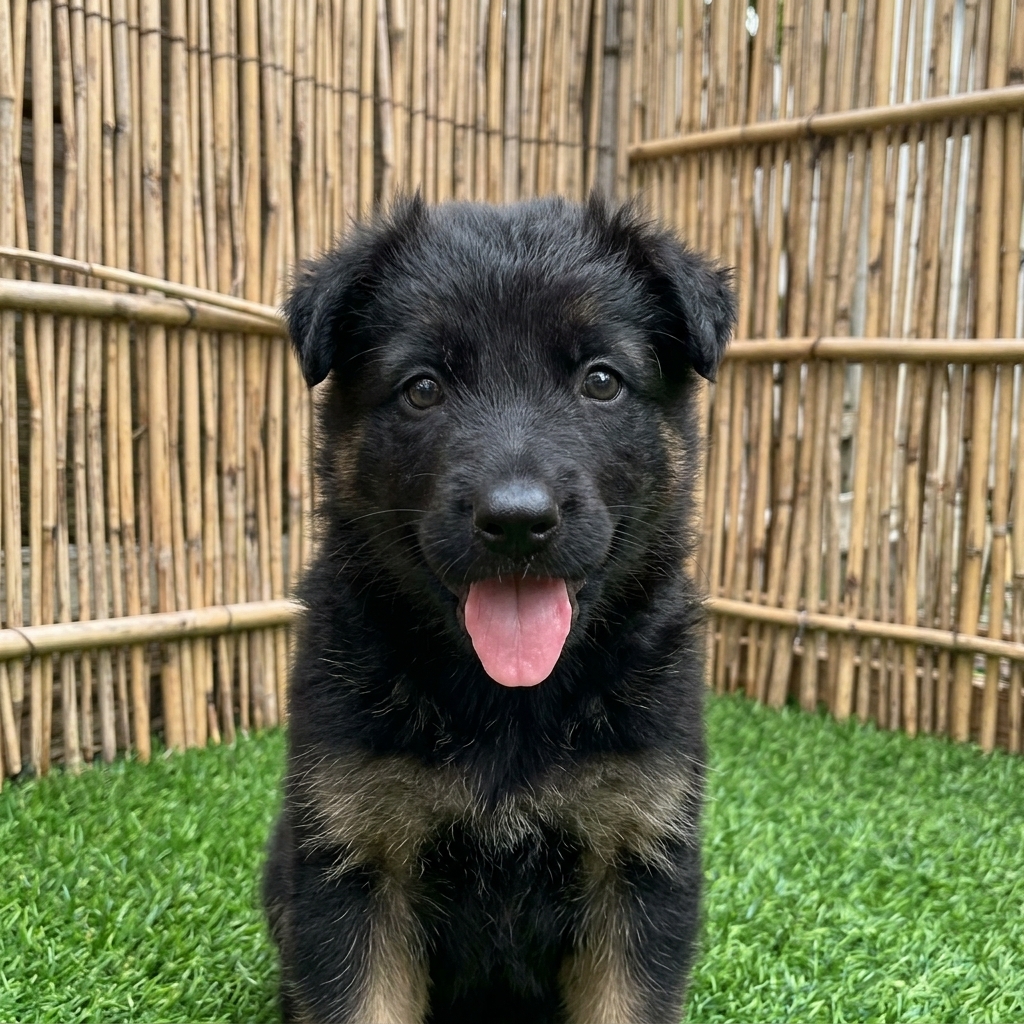 Primer plano de un cachorro de Pastor Alemán ante la valla de cañas del criadero