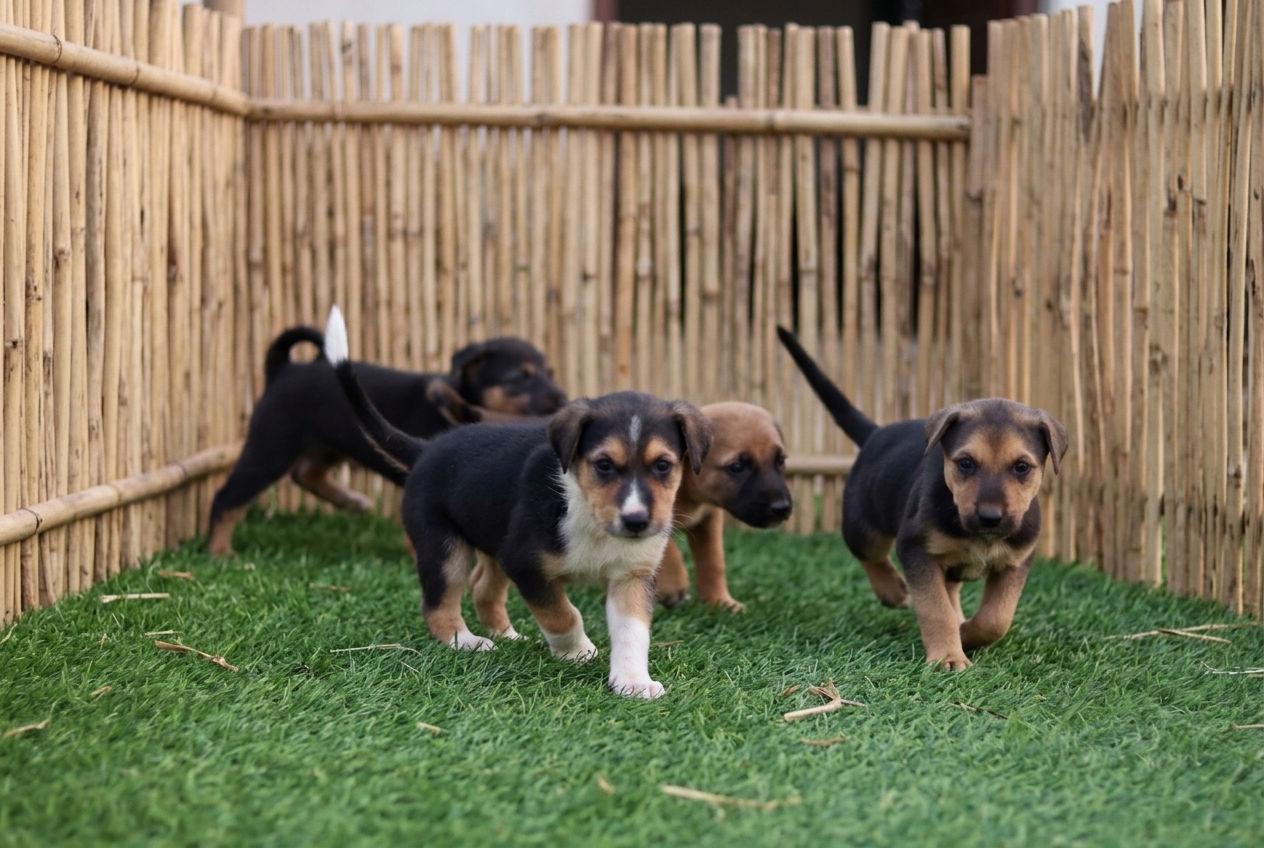 Camada de cachorros jugando en el recinto del criadero