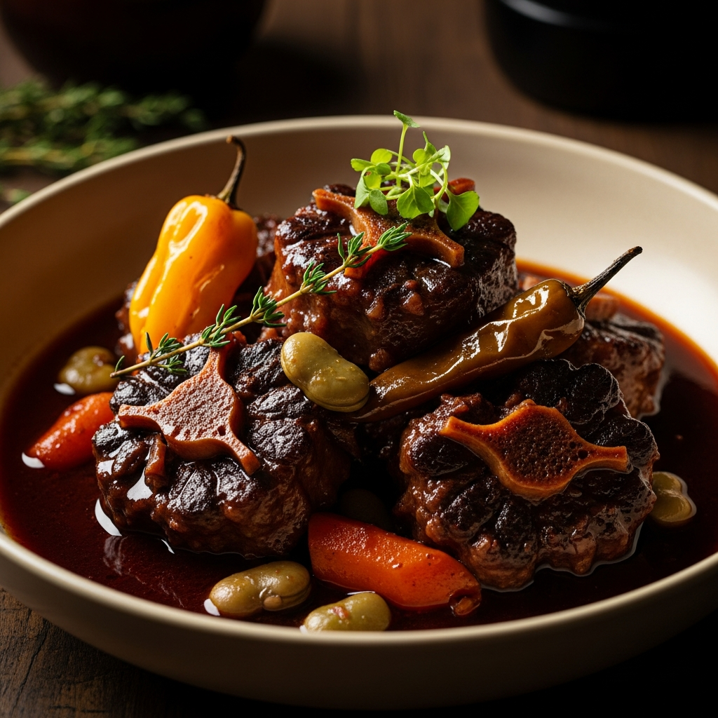 Braised Oxtail — Slow-braised two hours with butter beans, allspice and a deep, glossy gravy. Served with rice & peas.