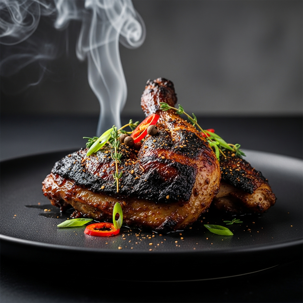 Jerk Chicken — Pimento-wood marinade with scotch bonnet, charred over open flame and finished with rum-jerk reduction.