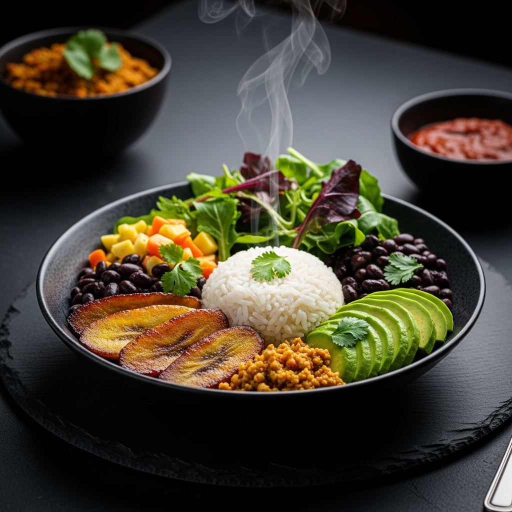 Vegan Caribbean — Choose from Caribbean Scrambled Tofu, Curry Chickpea Stew, Trini Jerk, BBQ Chickless, Black Eyed Peas Savory Stew, or Chickpea & Heart of Palm Cakes. Bold Caribbean flavors, completely plant-based.