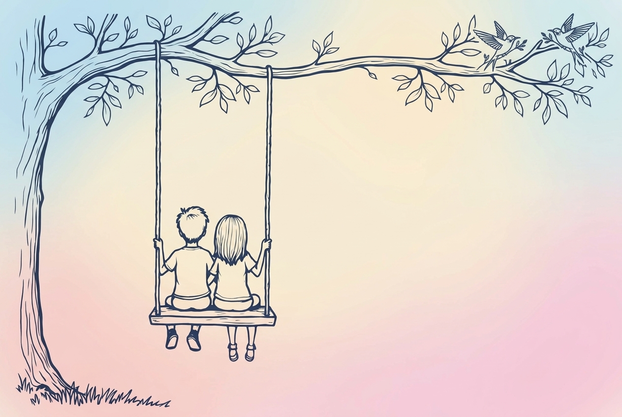 Ilustración a tinta de dos niños en un columpio bajo un árbol, imagen de marca de #PICHONTEAM
