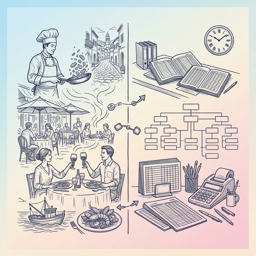 Ilustración a tinta de dos mundos paralelos: la hostelería mediterránea y un escritorio ordenado con números