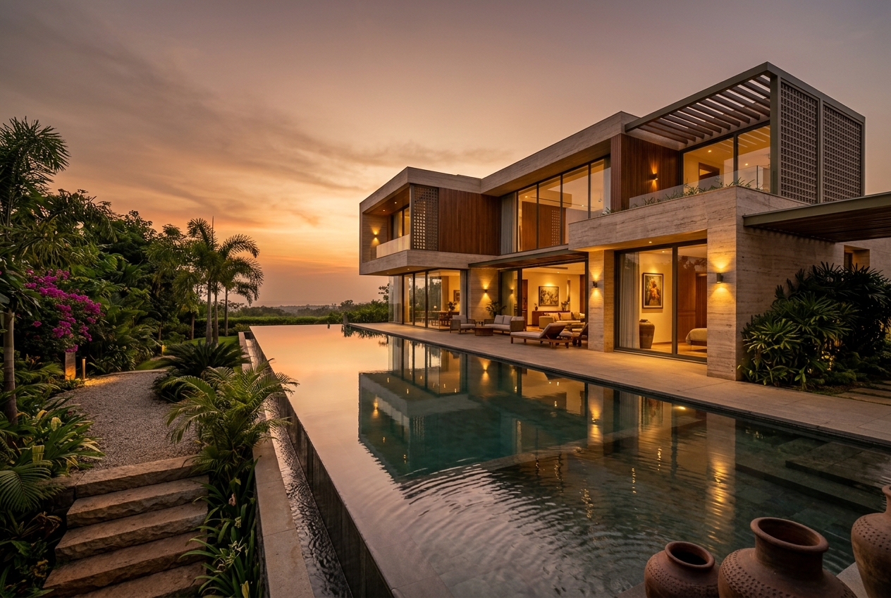 Cinematic view of a bespoke luxury villa at dusk — sample imagery
