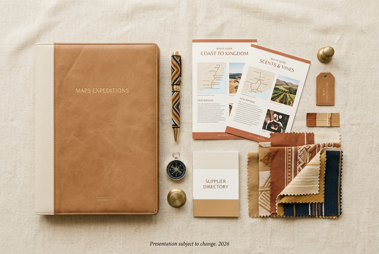 MAPS Expeditions Kit — Leather folio, expedition guides, SA heritage fabric swatches