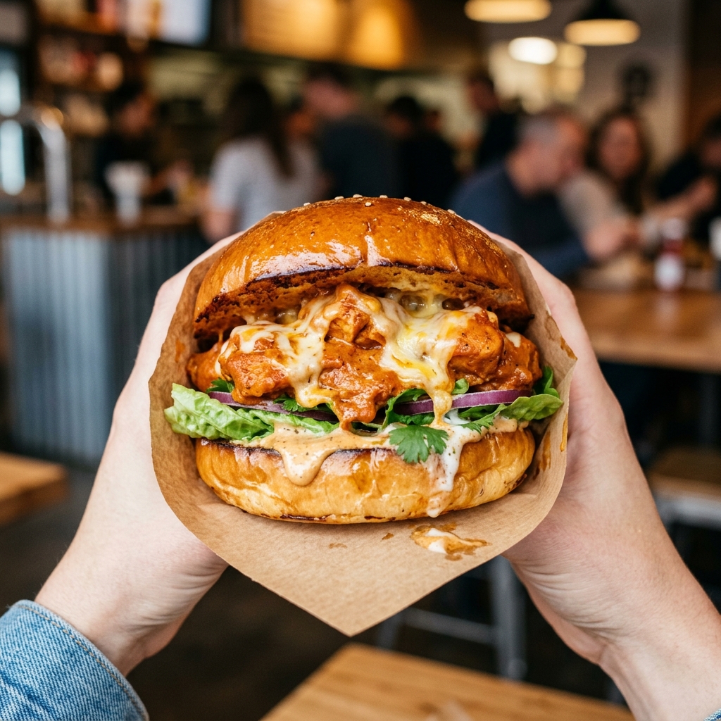 Butter Chicken Stuffed Naan Burger (Band Burger) — Urban Express Chicago