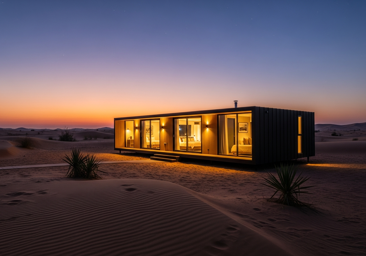 Luxury modular cabin in UAE desert at twilight