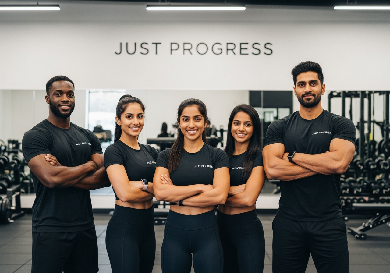 Progress+ trainer team - diverse group of professional fitness coaches