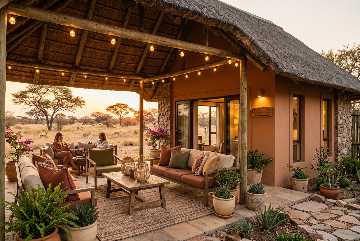 A warm Botswana guesthouse veranda at golden hour