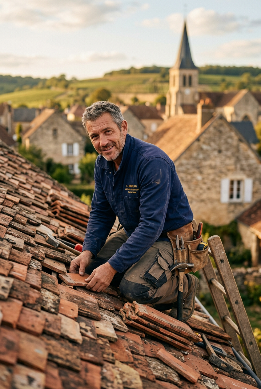 Artisan couvreur français au travail sur une toiture