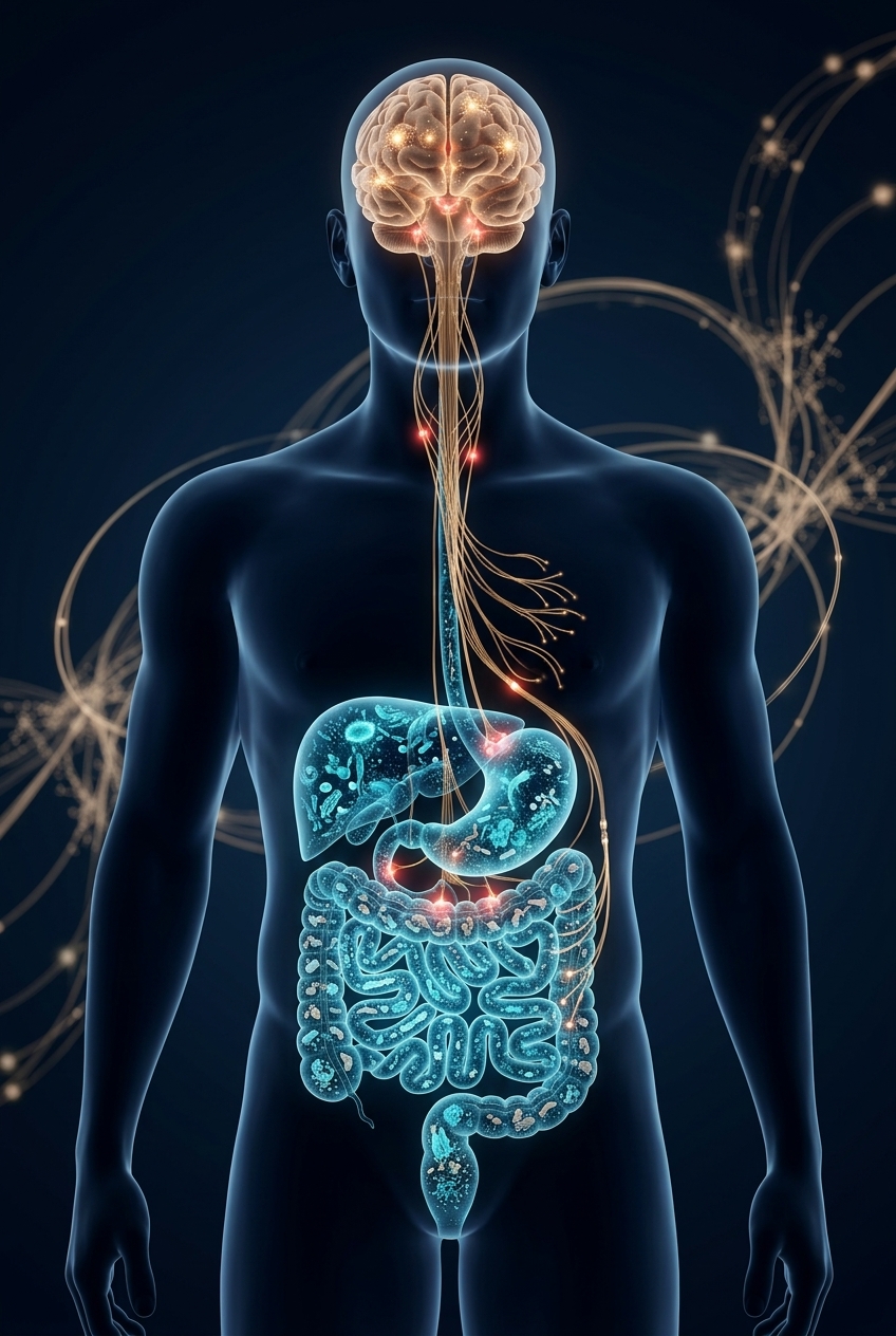 Microscopic gut bacteria representing the microbiome signals connected to brain and immune function