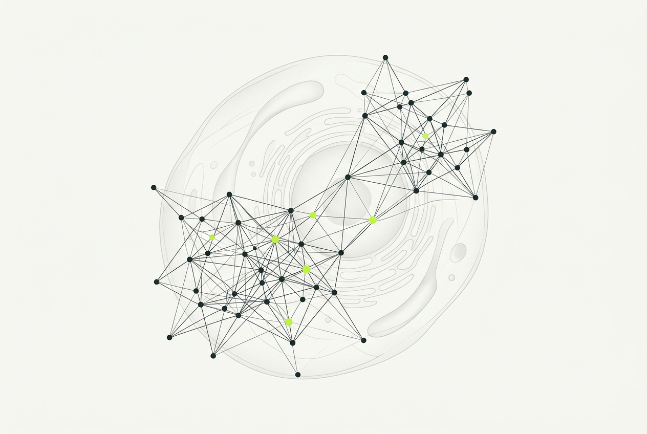 Abstract network overlaid on a cellular structure, representing biology and computation