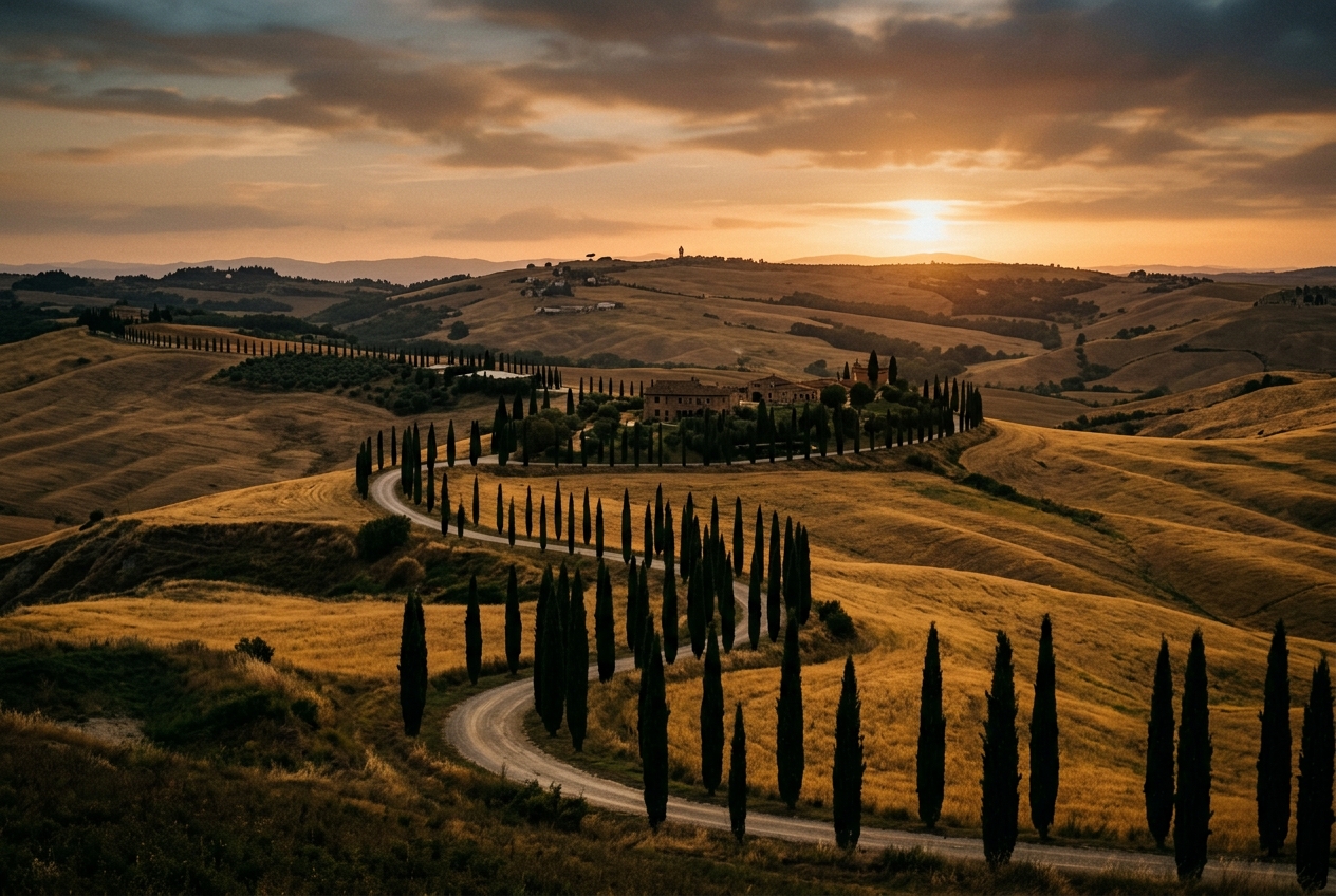 Cypress-lined golden-hour road winding through the Val d'Orcia in Tuscany