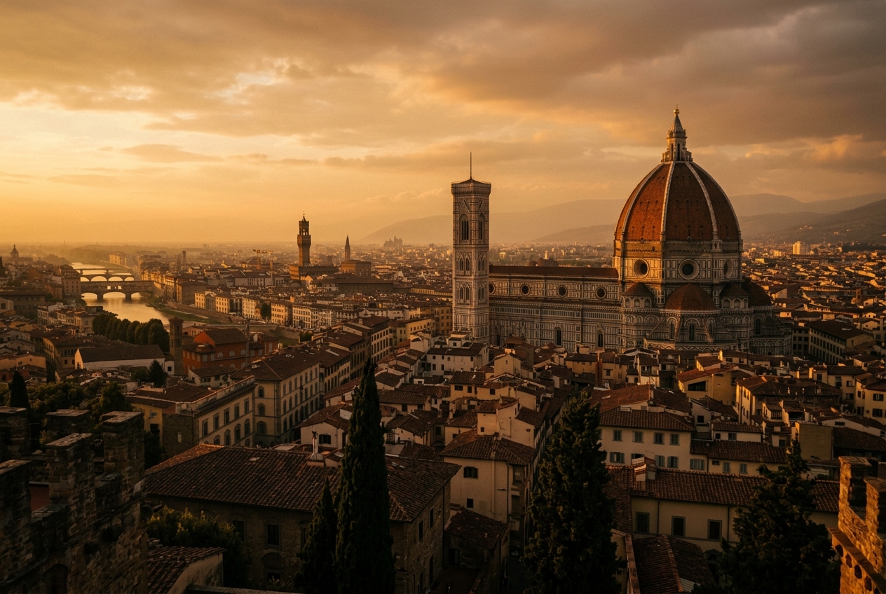 Florence skyline at sunset with the Duomo and Arno river
