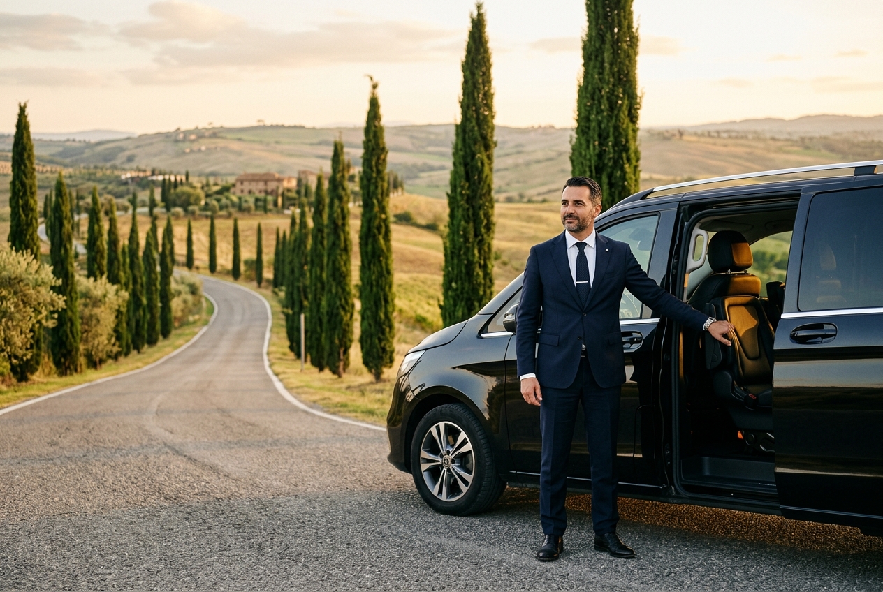 Private chauffeur beside a black Mercedes V-Class on a Tuscan road