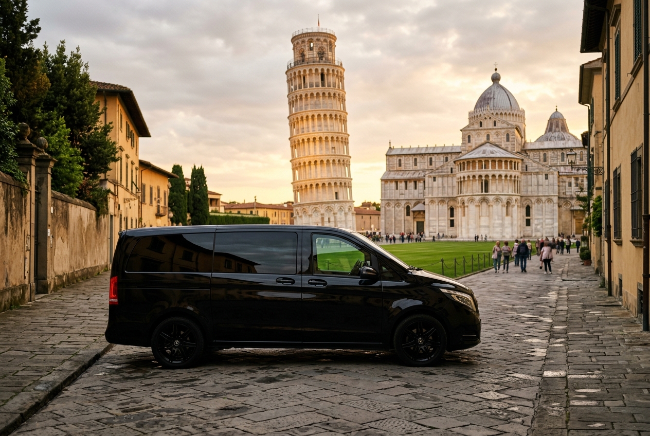 Black Mercedes V-Class near the Leaning Tower of Pisa and Piazza dei Miracoli