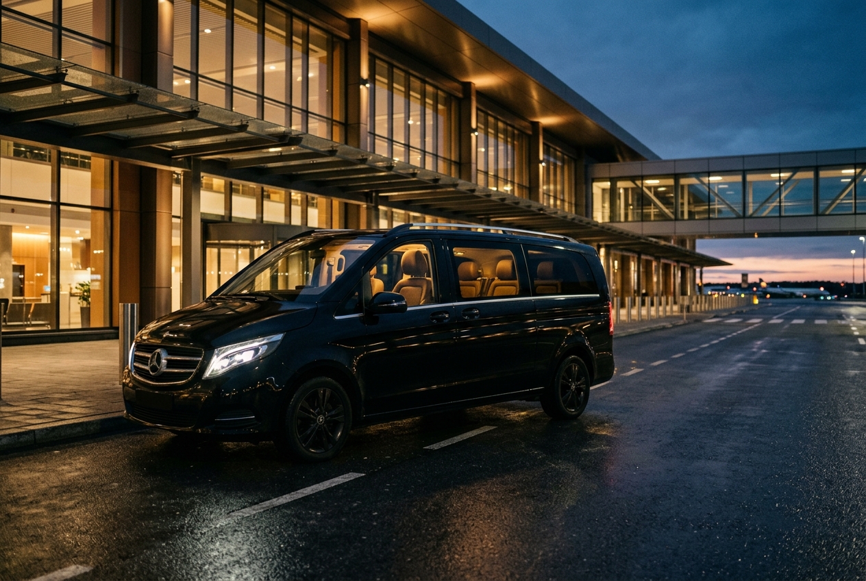 Black Mercedes V-Class waiting at the airport terminal for a private transfer