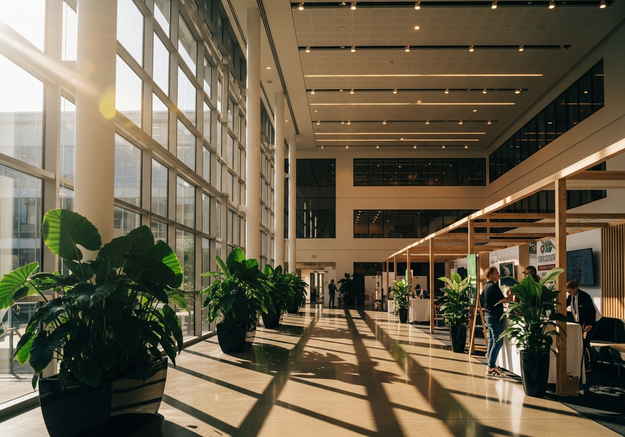 Modern corporate atrium with health fair