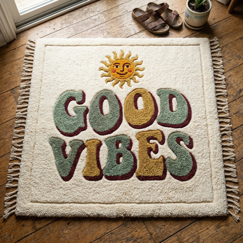 Tufted rug reading GOOD VIBES in groovy retro lettering with a smiling sun