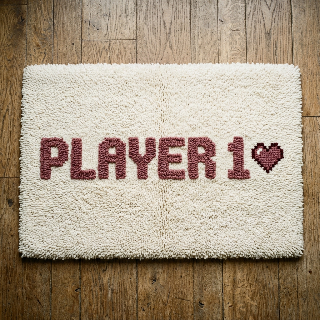 Ivory tufted rug reading PLAYER 1 in burgundy pixel lettering with a small heart