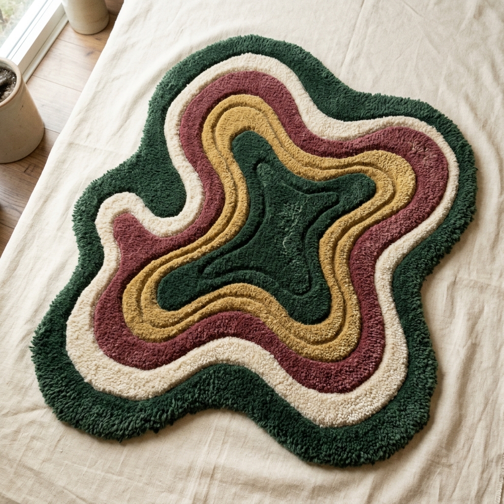 Organic blob-shaped tufted rug with flowing bands of green, ivory, burgundy and gold